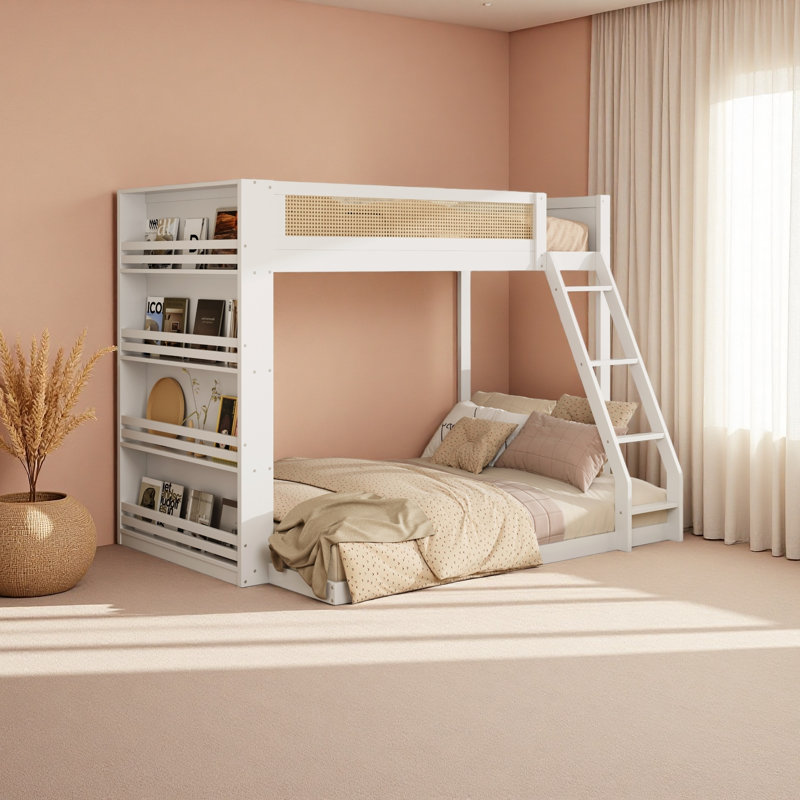 Sturdy Construction Twin Over Full Bunk Bed With Shelf And LED, White