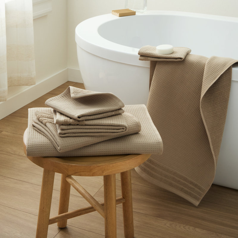 TOWN & COUNTRY BASICS 6-Piece Assorted Waffle Woven Terry Stripe Set, 2 Bath, 2 Hand, 2 Wash, 100% Cotton, Quick Dry, Taupe