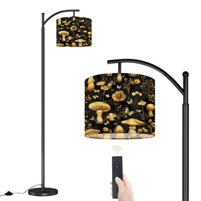 Arc Floor Lamp with Adjustable Lampshade Golden Mushrooms Butterflies Floral Black Standing Lamp 3 Color Temperatures Dimmable Tall Pole Lamp with Foot Switch for Bedroom