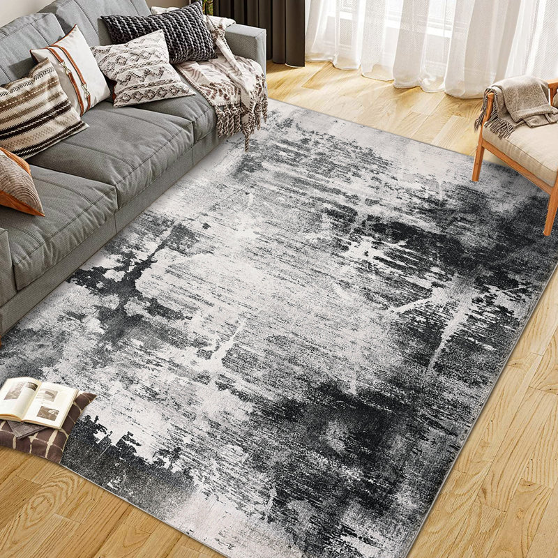 Tapis Boho à motif floral et lavable, Gris, Rectangle 120 po x 96 po