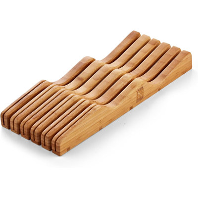 Cook N Home Basics Durable Bamboo Cutlery Holder, Knife Storage Block Organizer, Made of Natural Bamboo, Polished Surface, Wave Shaped Designed, Suitable for Drawers, 11-Slot