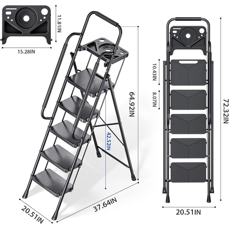 Folding Ladder with Handrails, Anti-Slip Pedals(2-Step, 3-Step, 4-Step)