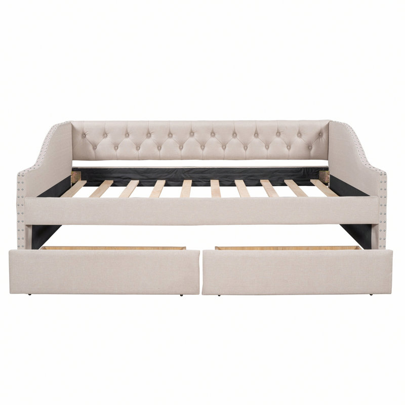 Upholstered Daybed With Two Drawers, Wood Slat Support, Beige