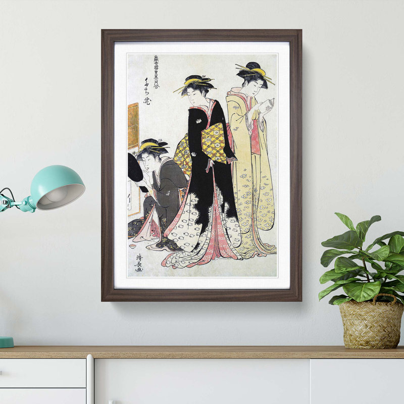 Three Geishas of Tachibana by Torii Kiyonaga - Picture Frame Painting Print, 48cm H x 36cm W x 2cm D, Walnut Framed