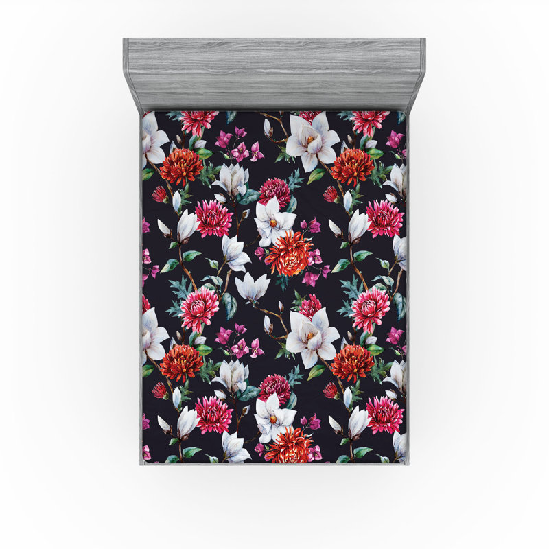Drap-housse Ambesonne, Framboise, bleu pétrole / floral, Drap-housse de taille double