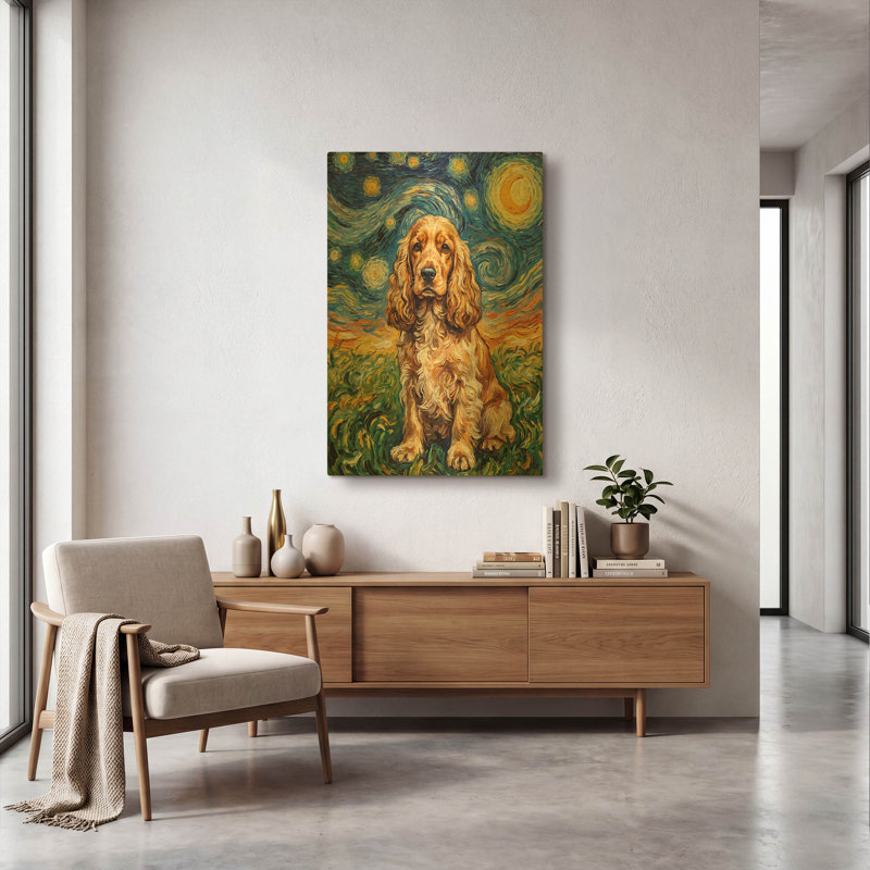 «English Cocker Spaniel Starry Night» par Rich Monet, art mural en métal doré, 24 po x 36 po, 24"x36"