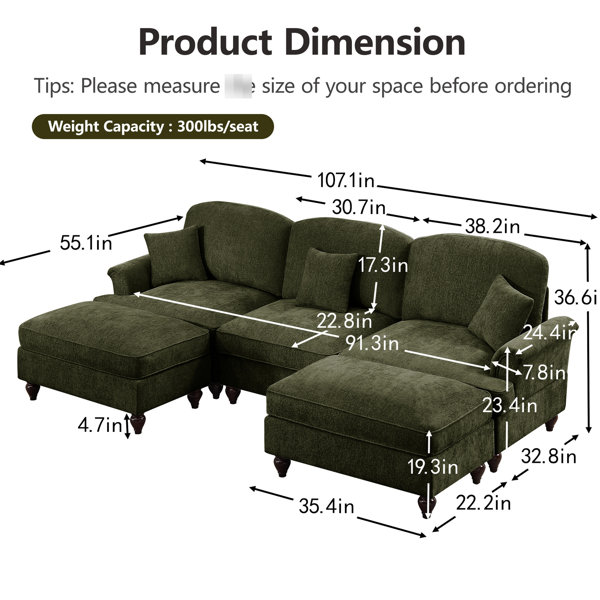 Canora Grey Classic Comfy U Shape Sectional Couch With Flared Arms ...