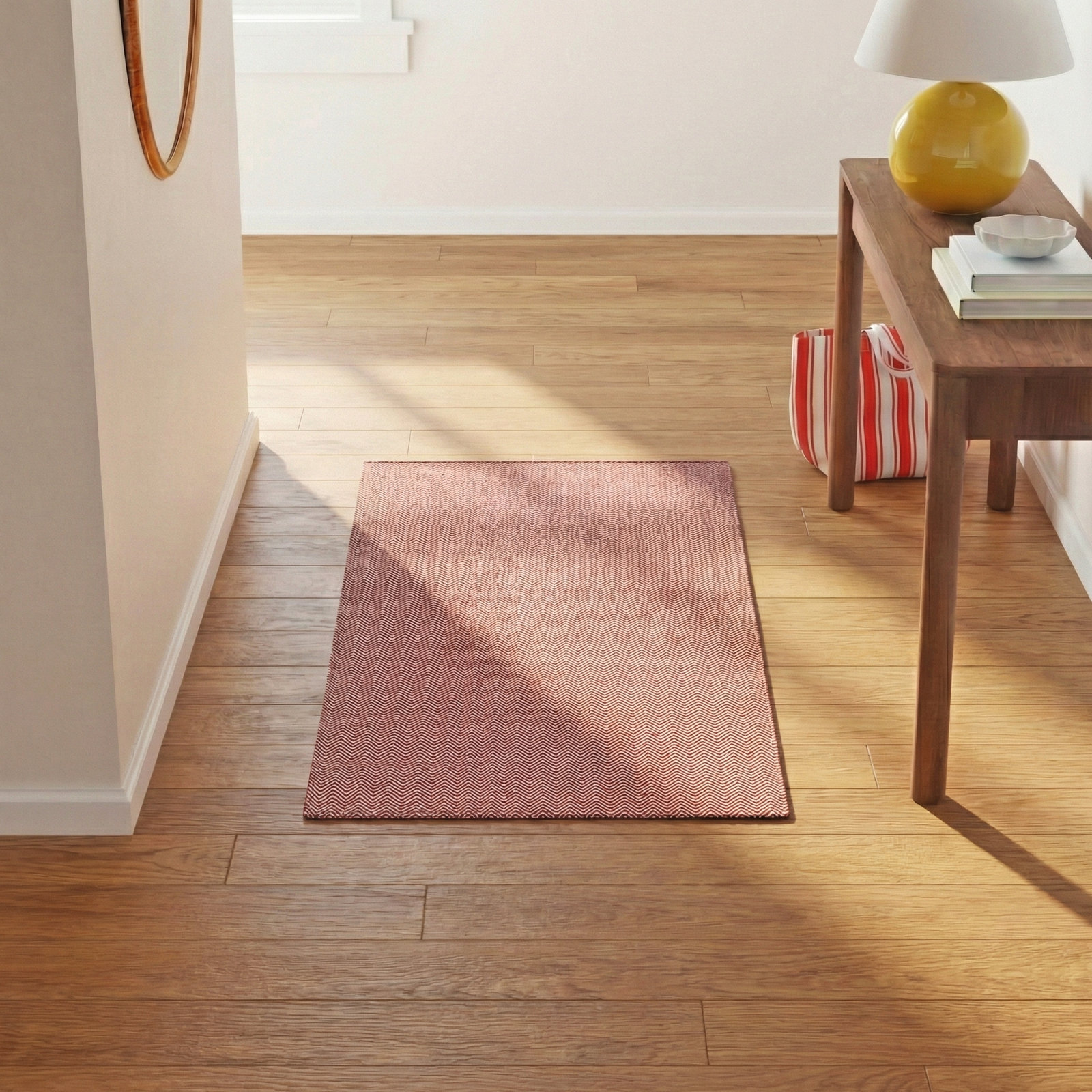 Rita Red White Hand-Woven Wool Rug, Rectangle 3' x 5'