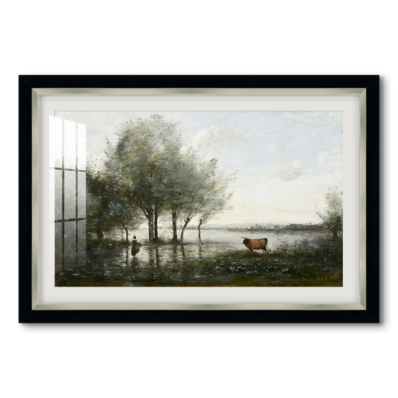 Binney, Le Marais, vers 1865-1870, par Jean-Baptiste-Camille Corot - Tableau sous verre, encadré et sous passe-partout, grand format, idéal pour un salon.