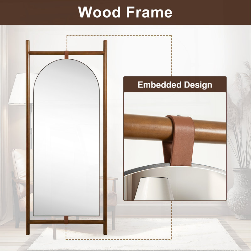 Miroir de plancher pleine grandeur en bois avec support, idéal pour la décoration intérieure et l'auto-appréciation, Brun