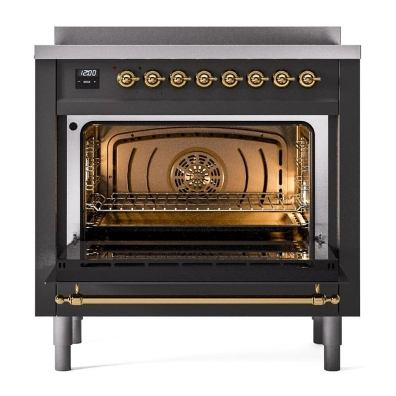 Cuisinière à induction 36 pouces avec 6 éléments à induction ILVE Nostalgie II Series (porte en verre), Graphite mat / laiton