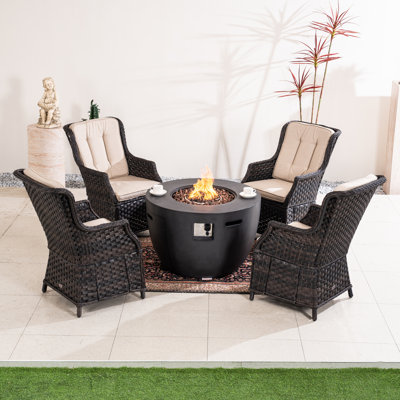 All-Weather 5-Piece Outdoor Seating Set: Fire Pit Table & Easy-Assembly Wicker Chairs | 50K BTU