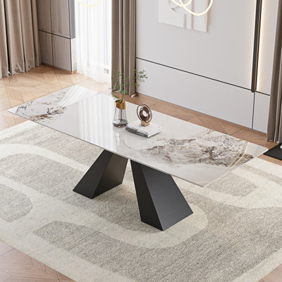 Table de salle à manger extensible de 63 à 94,5 po pour 8 à 10 personnes avec plateau en pierre frittée et base en métal