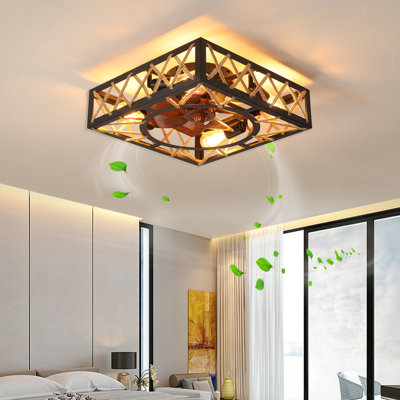 18 Inch Modern Farmhouse Square Caged Ceiling Fan With LED Light And Remote