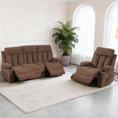 Ensemble de canapé inclinable manuel, 2 pièces de meubles de salon inclinables avec porte-gobelets pour cinéma maison, bureau (brun, canapé et fauteuil)