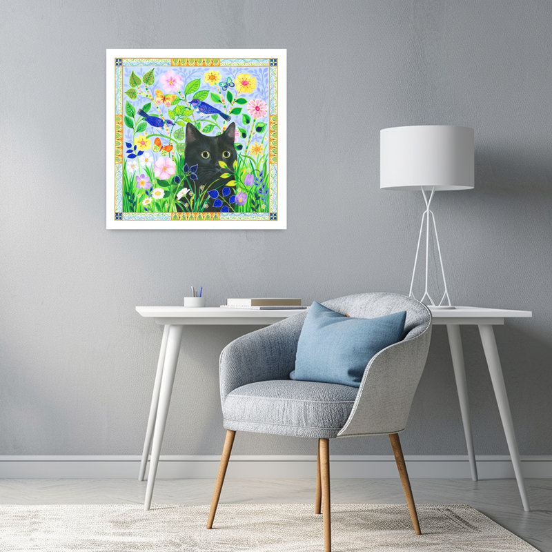 Black Cat In Jewelled Garden Colorful Playful Vibrant Butterfly Bird Cat Flower Nature Wall Art Print 1 Piece Wrapped Canvas Wall Art