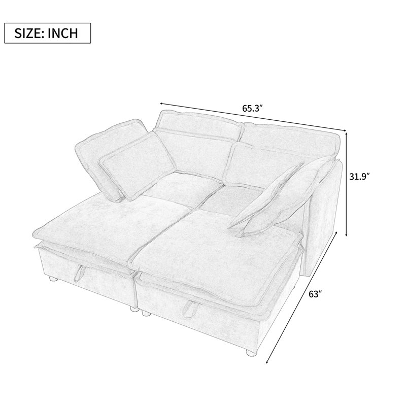 Elysara Modular Sleeper Sofa Convertible Sectional, 32" H x 65.3" W x 63" D, Beige Polyester