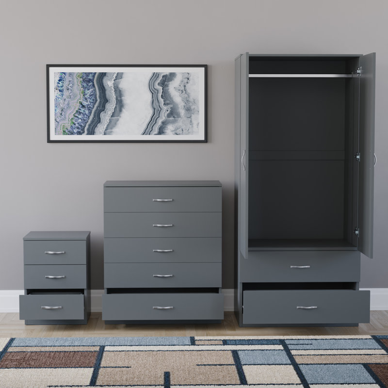 Maybery 3 Piece Bedroom Set (3 Drawer Bedside Chest, 5 Drawer Chest, 2 Door 2 Drawer Wardrobe), (4), Grey