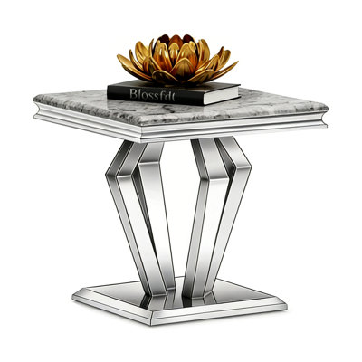 Silver And Grey End Table, Luxury Square Side Table With 4 Mirrored Geometric Bases, Set Of 1
