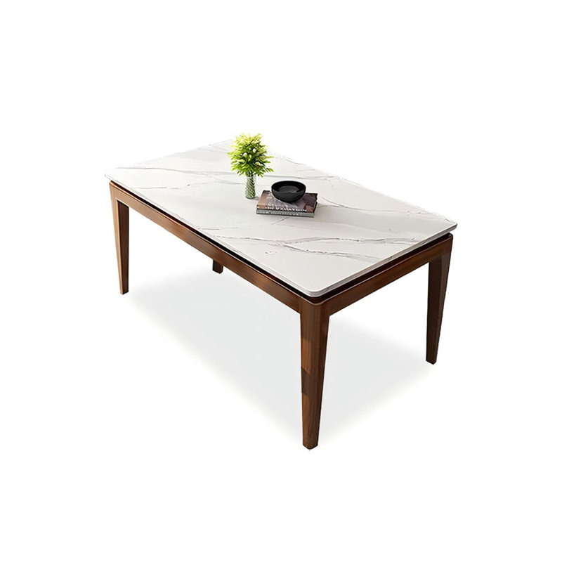 White + Nut-brown Rectangular Sintered Stone + Solid Wood Dining Table, 29.53”H x 70.87”L x 35.43”W