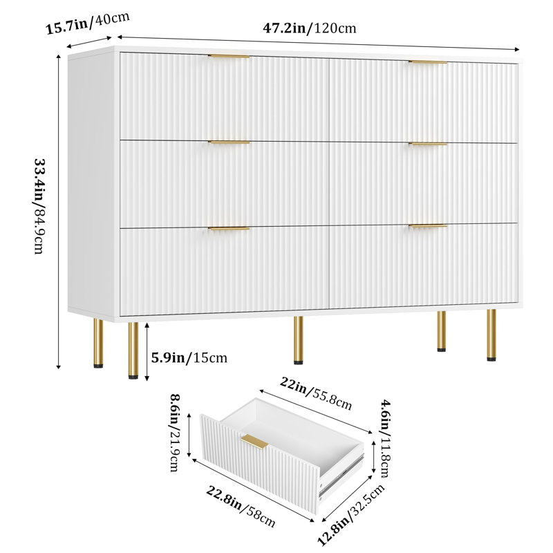 Commode de 47,2 po de largeur pour chambre à coucher, 6 tiroirs, commode en bois cannelée avec poignées dorées, armoire de rangement pour couloir