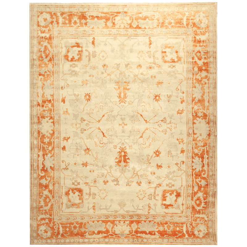 Oushak Oriental Hand-Knotted Wool Ivory/Rust Area Rug, Rectangle 9' x 12'