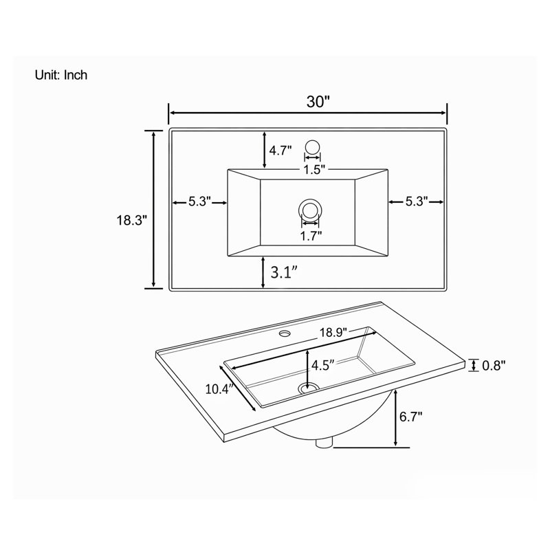 Lavabo de salle de bain en céramique blanche de 76 cm avec trop-plein, à encastrer ou à poser sous meuble-lavabo à un trou