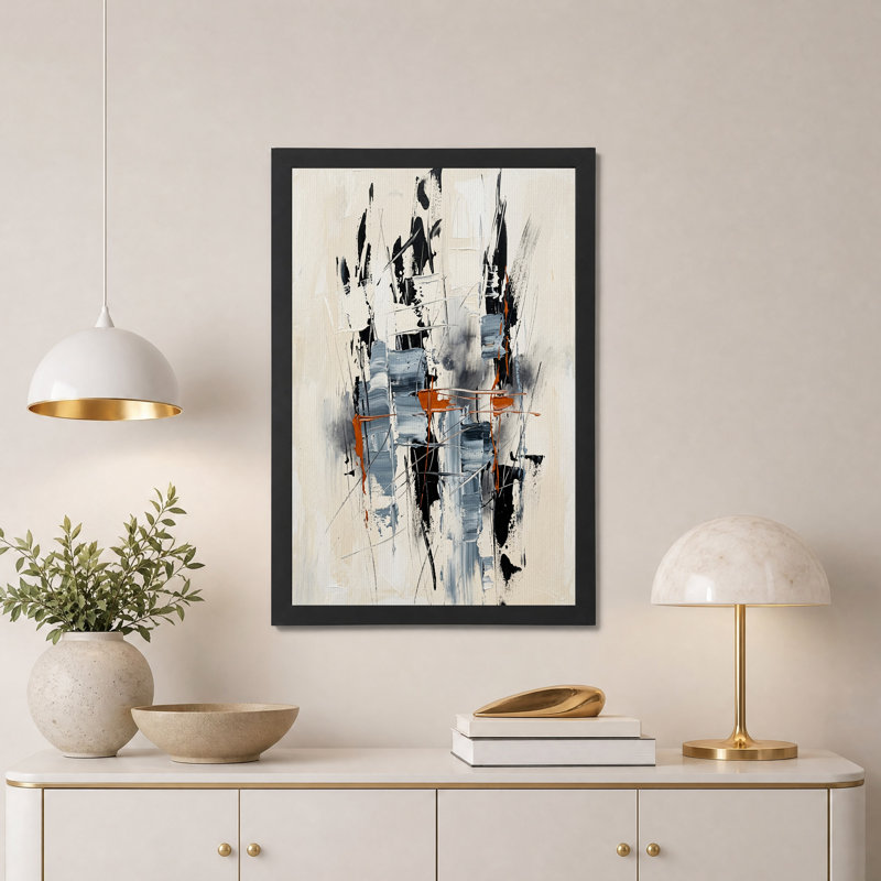Tableau abstrait à coups de pinceau verticaux noirs, gris et rouille sur toile, H 18 po x l 12 po