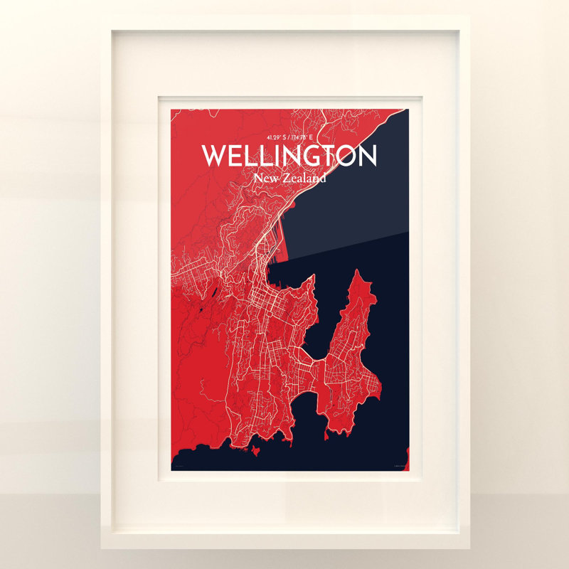 Wellington, carte de la ville, impression, H 27,6 po x l 19,7 po, Rouge / bleu marine