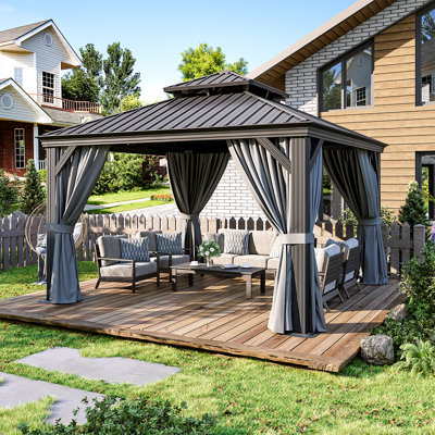 Hardtop Gazebo with Double Roof, 120mm Aluminum Posts & Built-in Gutter, Black & Grey
