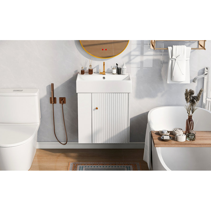 Floating Bathroom Vanity With Ceramic Basin, White, Gold