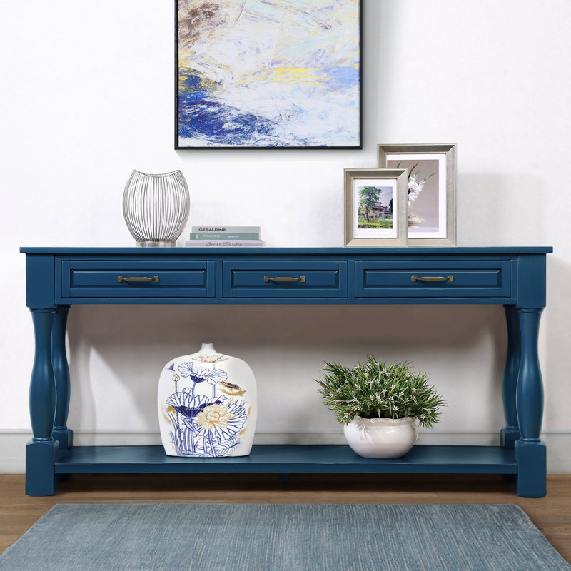 Console en bois de 63 po de long avec 3 tiroirs et 1 tablette inférieure pour le couloir d'entrée - canapé à assemblage facile (bleu marine)