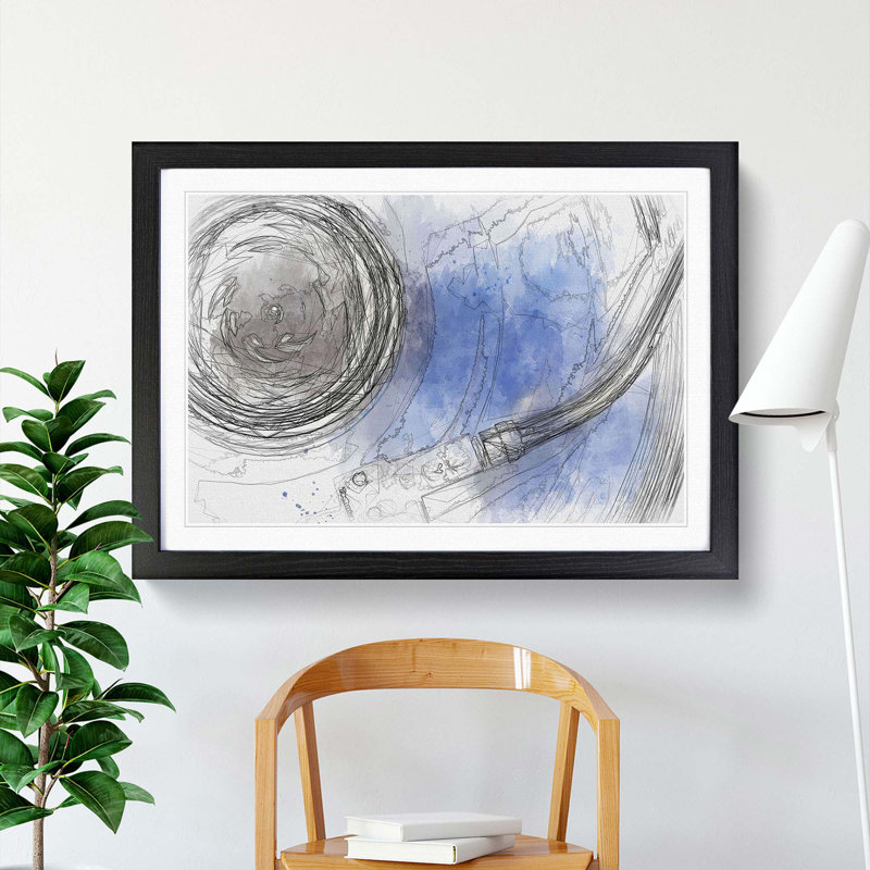 Blue Vinyl Record in Abstract - Picture Frame Drawing Print, 62cm H x 87cm W x 2cm D, Black Framed