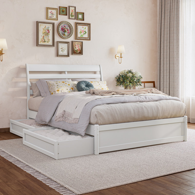 Lit plateforme avec rangement en bois massif et pied de lit Lamareon, Double, Blanc