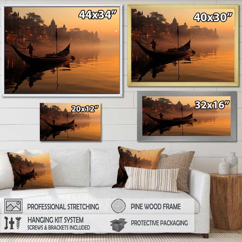 L'hindouisme Varanasi révérence sur toile, Cadre flottant doré, H 34 po x l 44 po