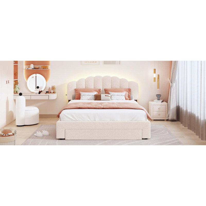 Lit plateforme tapissier Teddy, Beige