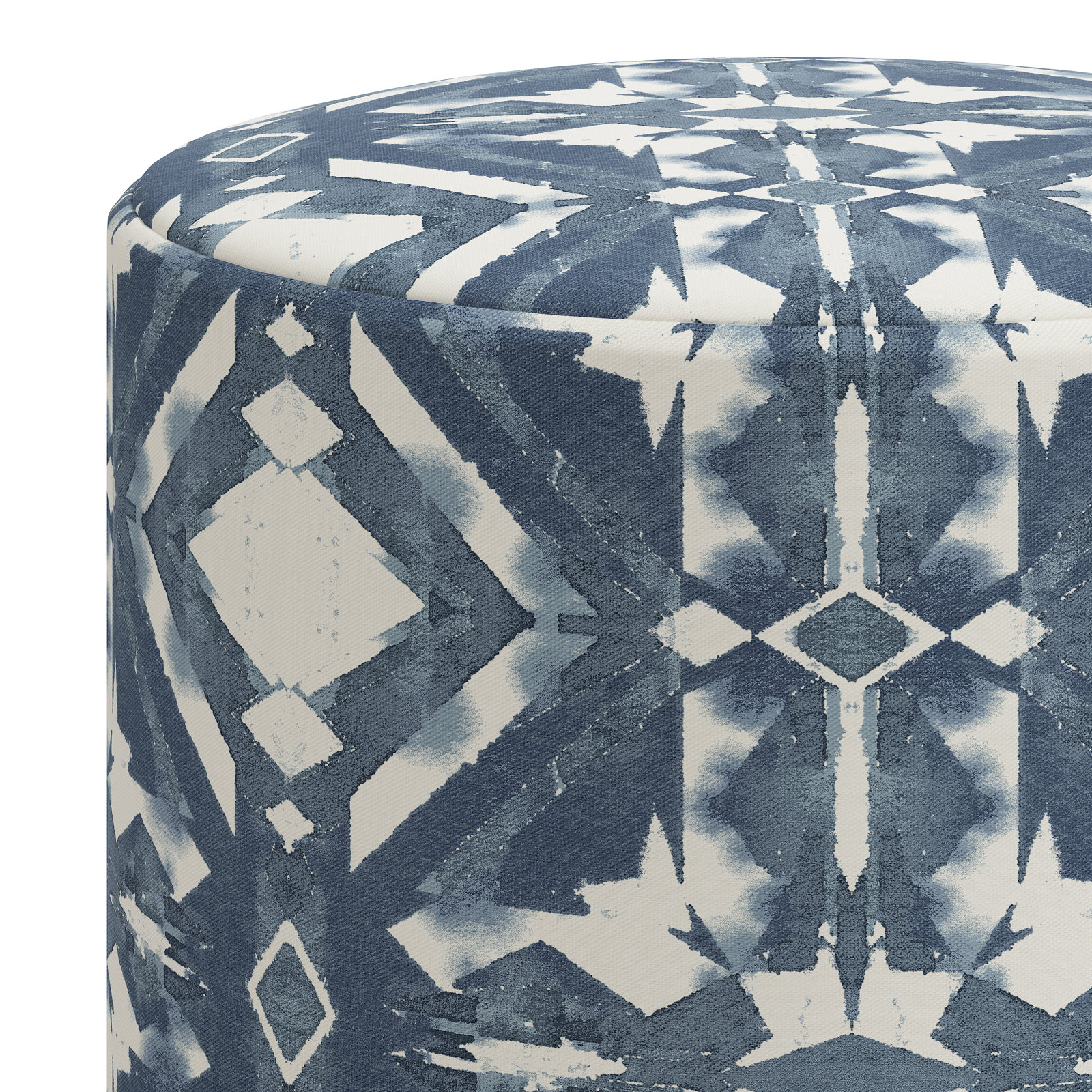 Epaulette Upholstered Ottoman, Asha Blue Ikat