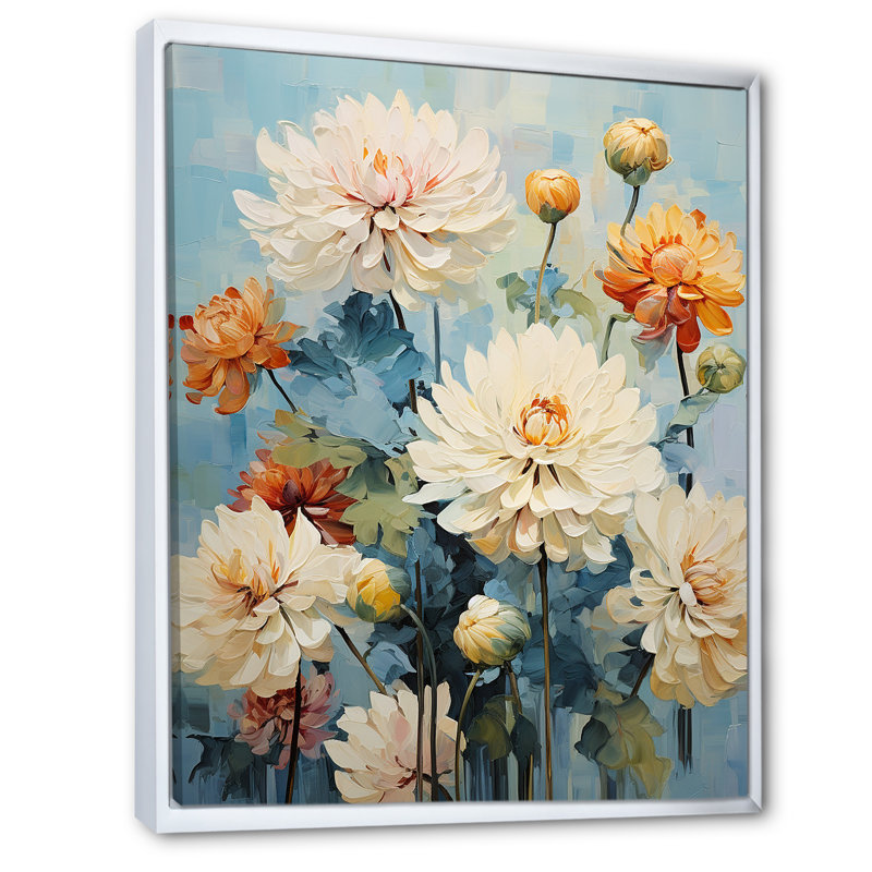 «Blue Blooms Zinnias Flowers I» sur toile, Cadre flottant blanc, H 44 po x l 34 po