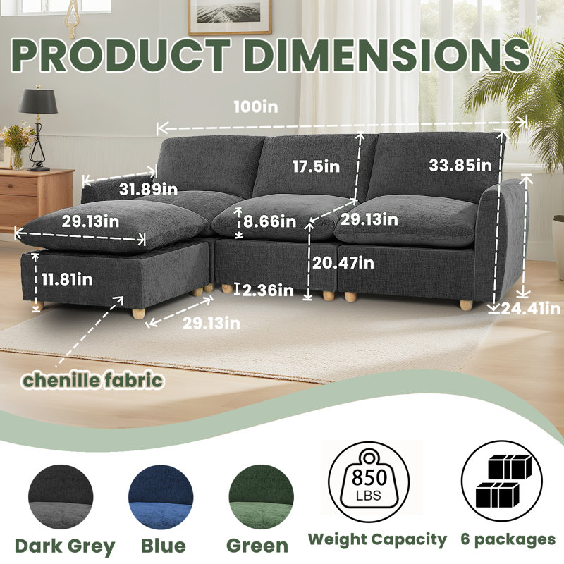 Canapé modulaire rembourré 100 po en chenille avec rangement 100 po, Gris chenille