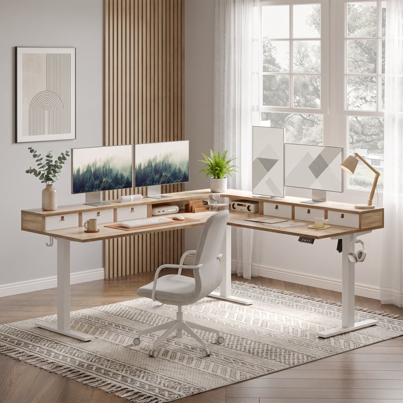L-Shaped Height Adjustable Standing Desk with Drawers, Upper Shelf and Built-In Storage, Maple