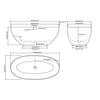 61'' x 29'' Freestanding Soaking Solid Surface Bathtub