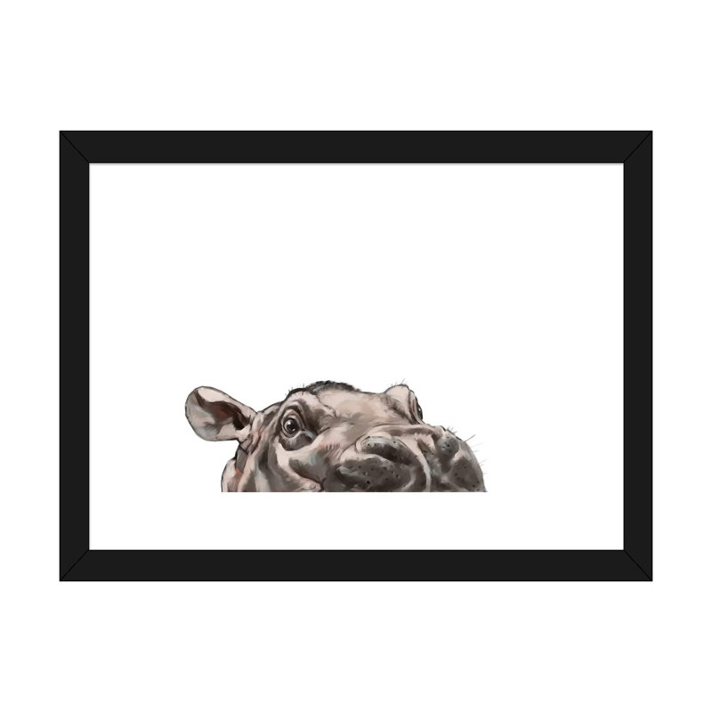 «Peeking Hippo» par Big Nose Work - impression d'art graphique, Blanc, H 16 po x l 24 po x P 1 po, Papier encadré noir