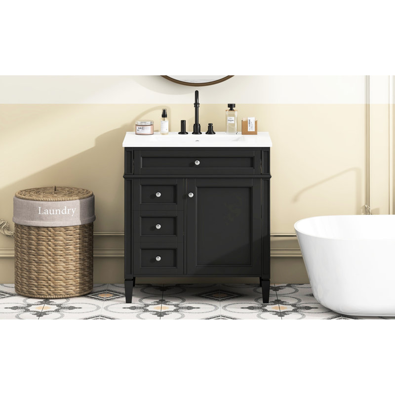 Meuble-lavabo moderne 30 po, lavabo avec 2 tiroirs et tiroir coulissant, meuble-lavabo avec rangement pratique, Noir