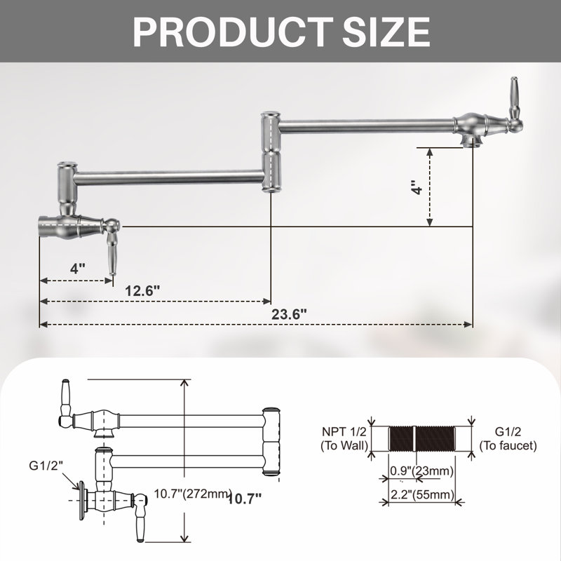 Wall Mounted Pot Filler 2-handles Kitchen Faucet With 360° Spout Swivel In Brushed Nickel, Nickel