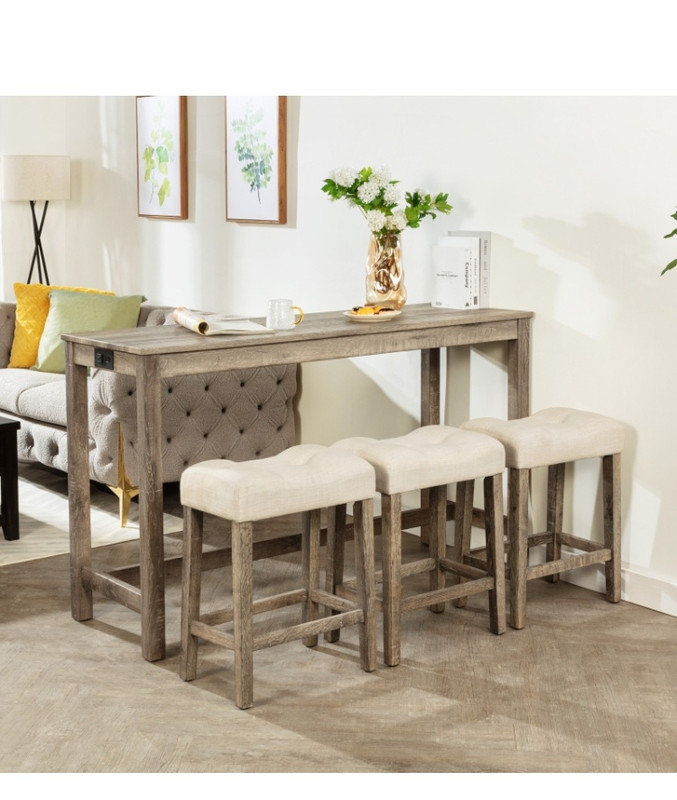 Ensemble de table de bar longue à hauteur de comptoir et de 3 tabourets - multiprise intégrée, sièges rembourrés, peu encombrants pour la cuisine / le salon / la salle de jeux
