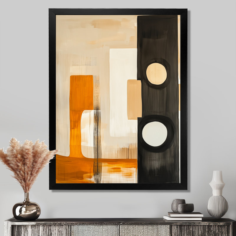 Composition d'ambre et de noir I - Tableau abstrait géométrique sur toile, H 44 po x l 34 po, Cadre photo noir