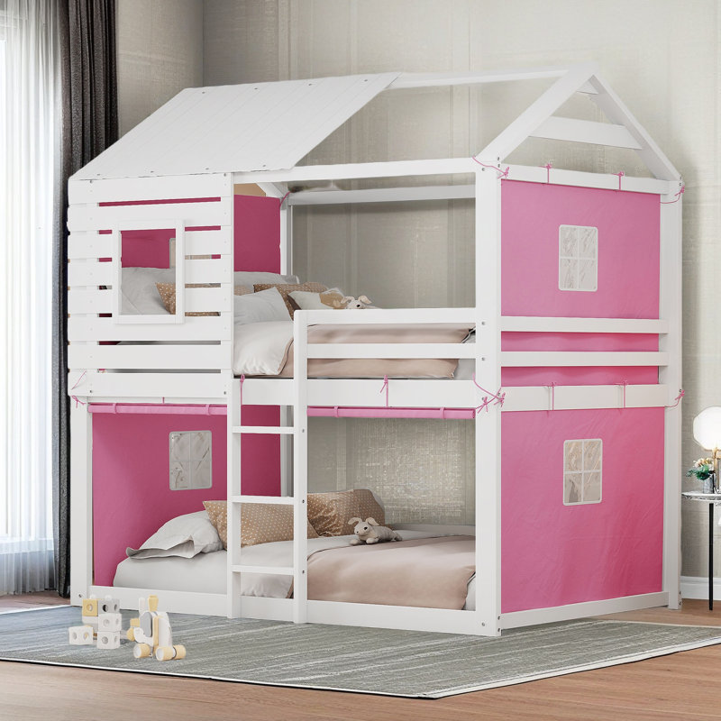Lit superposé en bois avec tente, Rose, Lit double