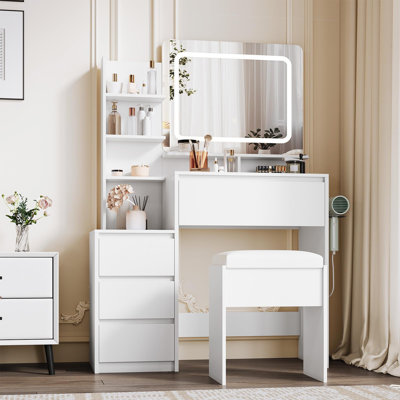 Modern LED Vanity Desk for Bedroom, 3-Light Modes, 4 Drawers, Charging Hub & Stool – 36-Inch Makeup Table by Wrought Studio