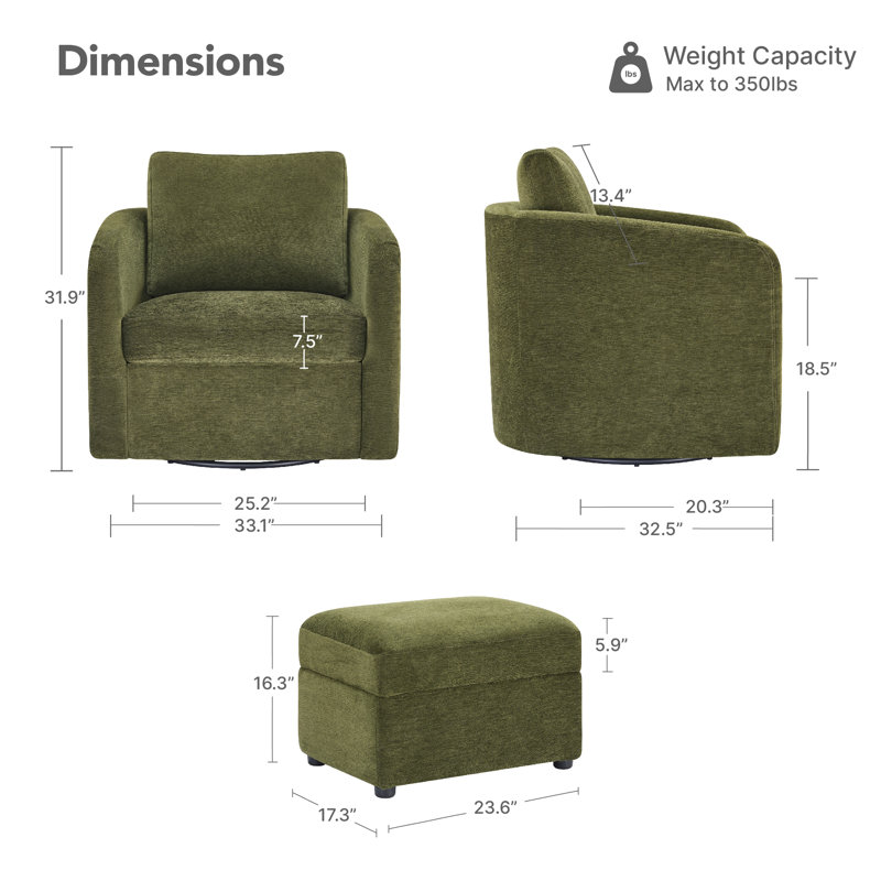 23.6” W  Upholstered Ottoman With Storage, Green