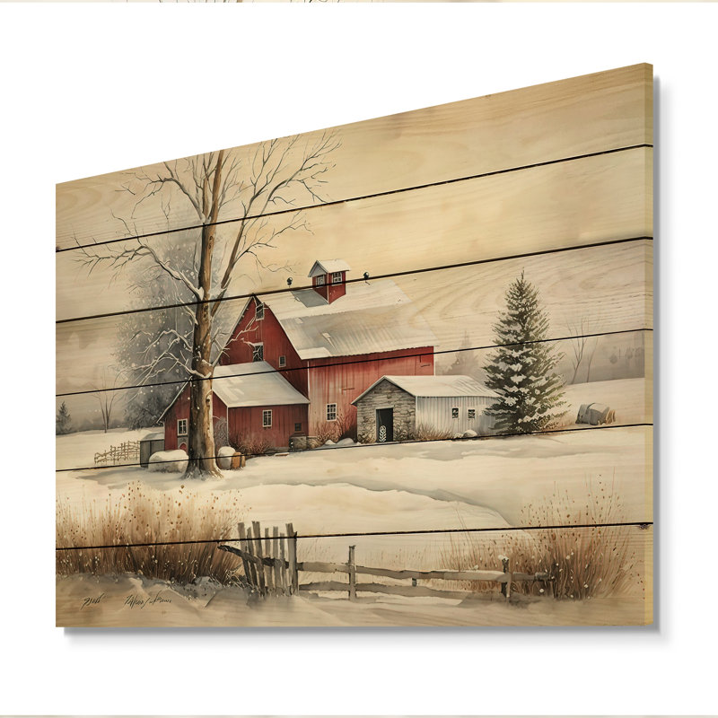 Ladue Ladue Calm Red Barn In Winter IV - reproduction sur bois sans cadre, H 16 po x l 32 po x P 1 po